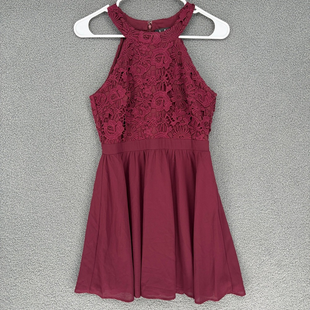Lulus Burgundy Lace Halter Mini Dress Sleeveless Fit & Flare Wine Red Small